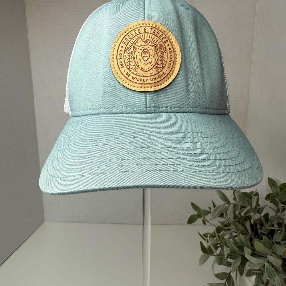 Hooked and Tagged Explore Bear Adjustable Mesh Mint Green Trucker Hat with Patch